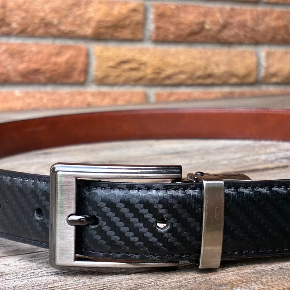 Men's Reversible Belt L 45 Black Carbon Fiber Cognac Brown Gunmetal BucklE